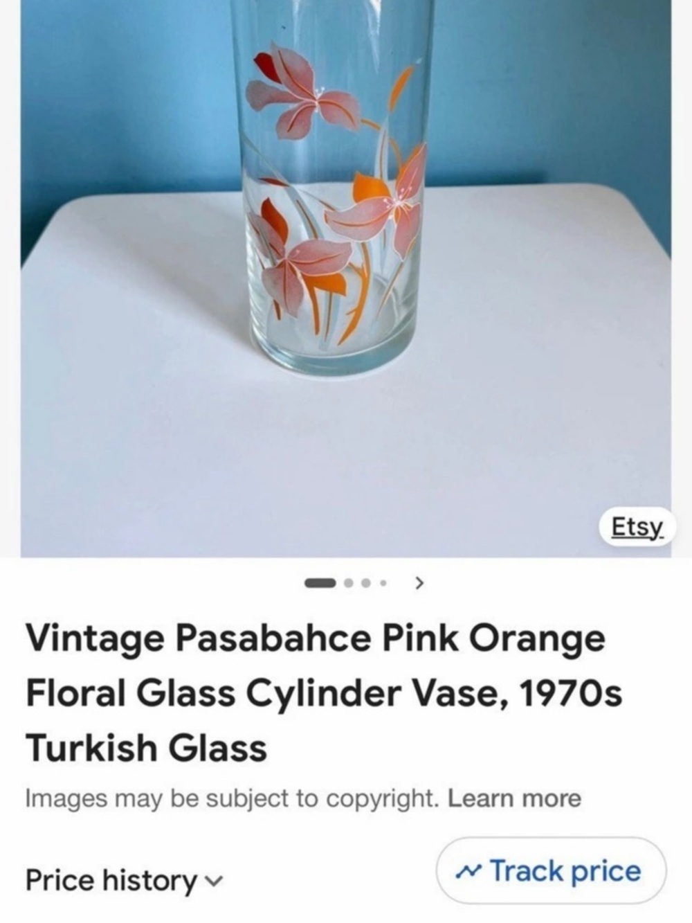 Paşabahçe Vintage Pink Orange Floral Glass Cylinder Vase